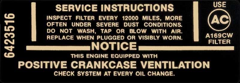 DECAL, AIR CLEANER SERVICE | 250 1BBL | 67-68