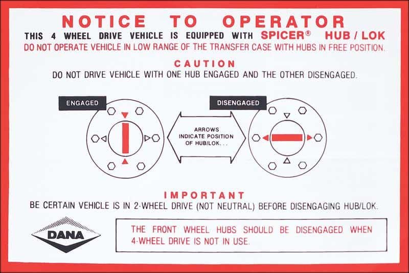 DECAL, SUBURBAN A/T 4WD SPICER HUB LOCK | 69-70