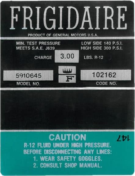 DECAL, FRIGIDAIRE A/C COMPRESSOR | GRN | 67-68