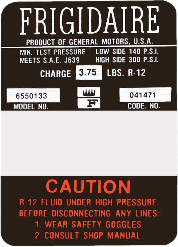DECAL, FRIGIDAIRE A/C COMPRESSOR | ORG | 67