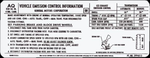 DECAL, AT/MT EMISSION | 350 4BBL | 71