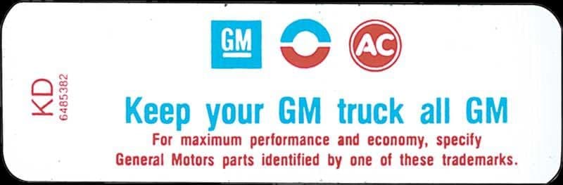 DECAL, AIR CLEANER "KEEP YOUR GM TRUCK ALL GM" | 68-71