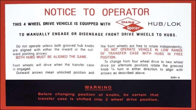 DECAL, CHEV/GMC 4WD DANA SPICER INSTRUCTION | 67