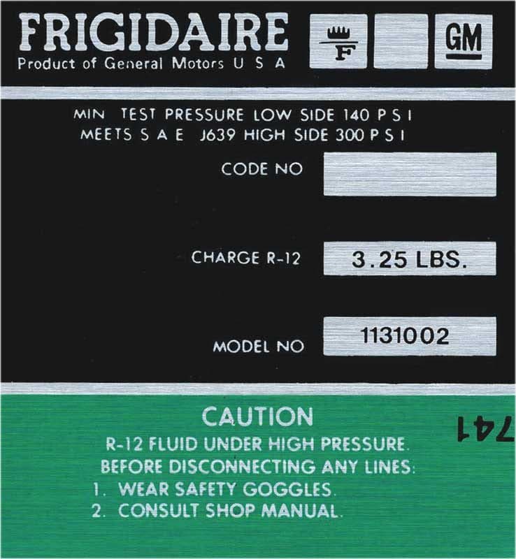 DECAL, FRIGIDAIRE A/C COMPRESSOR | GRN | 72