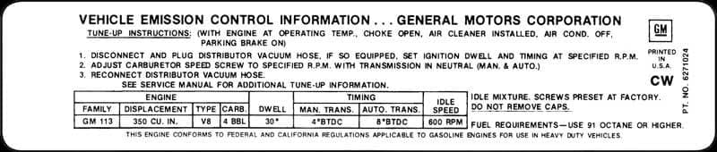 DECAL, AT/MT EMISSION | 350 4BBL | 72